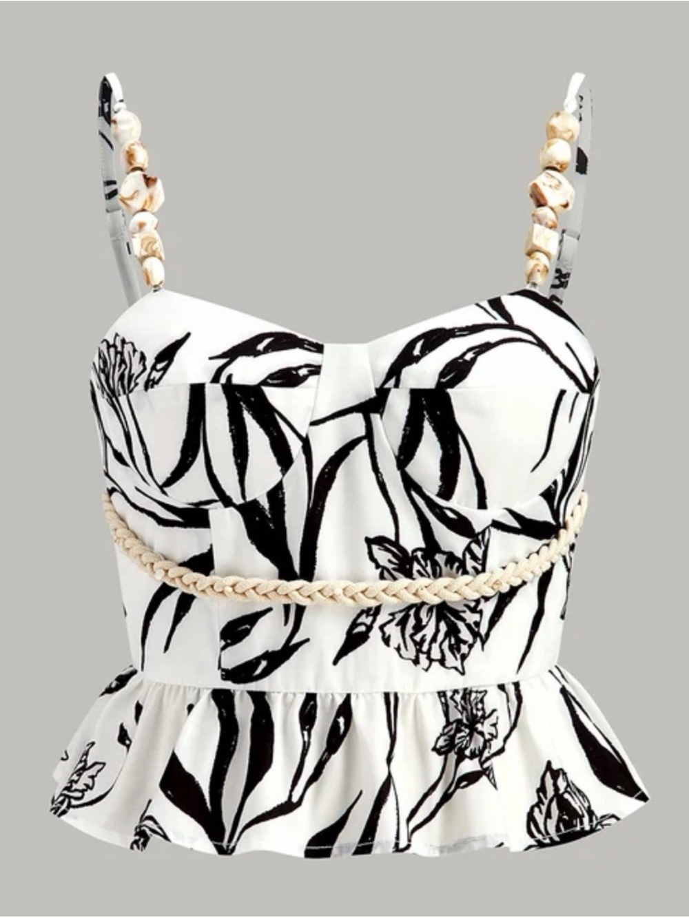 Commense Black & White Floral Peplum Cami with Braided Waist